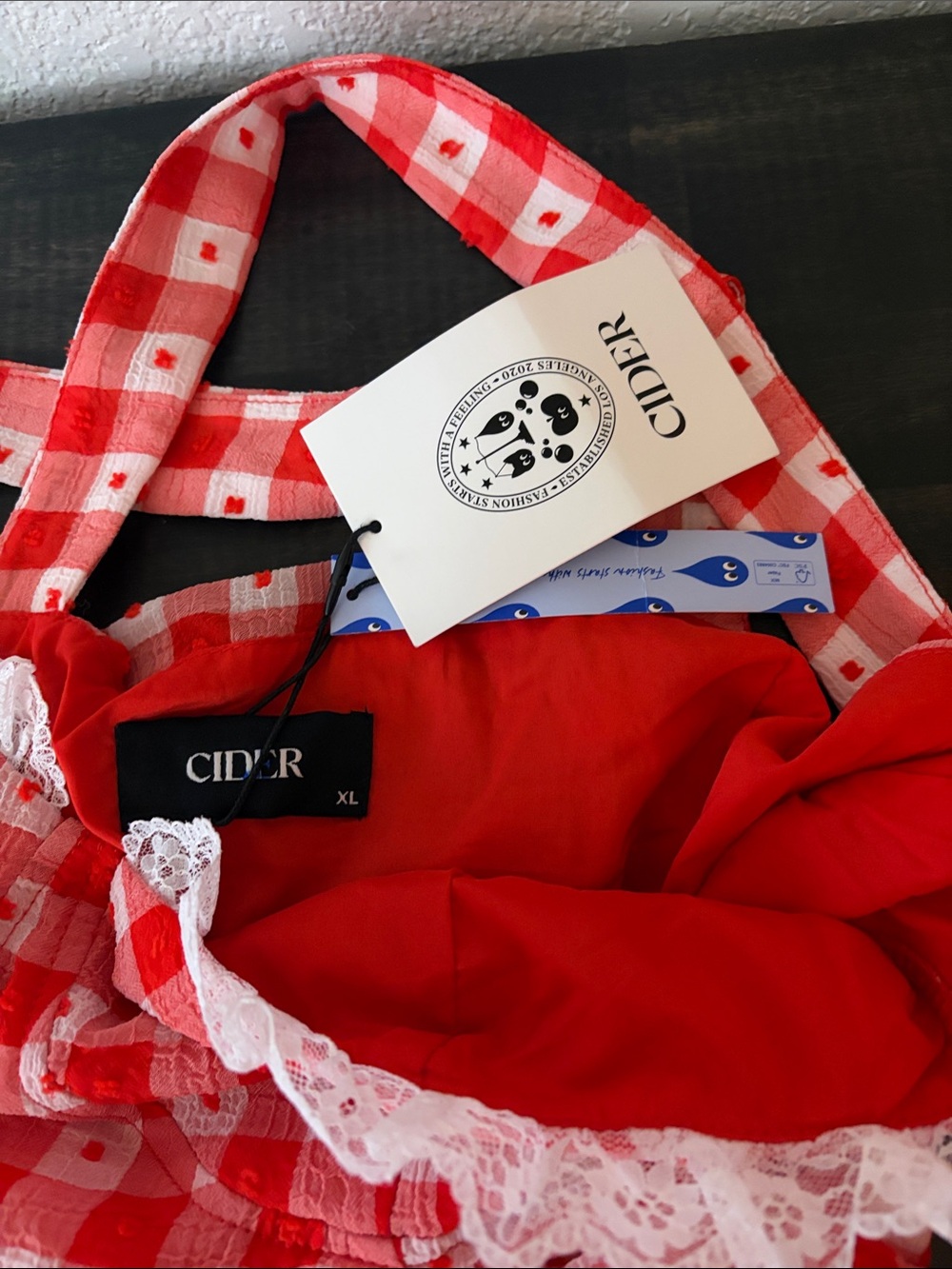 Cider Red & White Gingham Check Lace Trimmed Retro Ruched Mini Dress Size XL - Picture 5 of 8